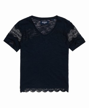 Superdry Lizzie Lace Insert Női Pólók Sötétkék | JFYXI2041